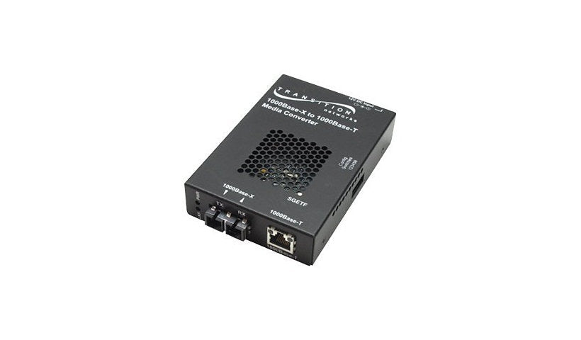 Lantronix SGETF Series Gigabit Media Converter, RJ-45 to SC Multimode 850nm, 550m, TAA Compliant, Black, SGETF1013-110-NA