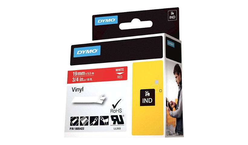 DYMO Rhino Colored Vinyl Label Tape, 19mm, White on Red, 1805422
