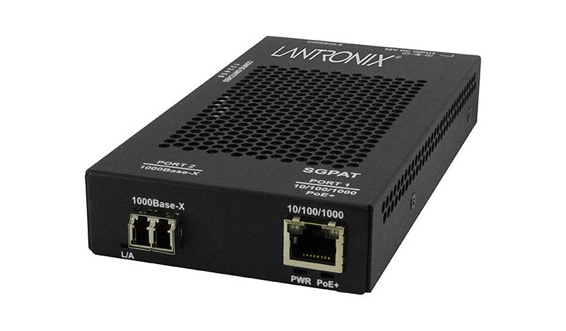 Lantronix SGPAT Series Gigabit PoE+ Media Converter, RJ-45 to LC Multimode 850nm, 30W, TAA Compliant, Black, SGPAT1039-105-NA