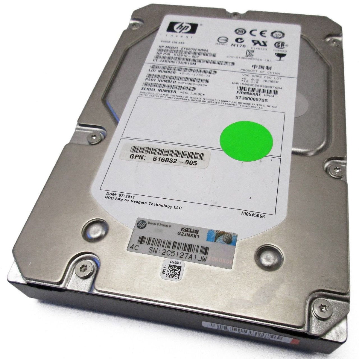 HPE 516832-005 600GB SAS 6G 15K RPM 3.5in Enterprise HDD for ProLiant G5/G6/G7