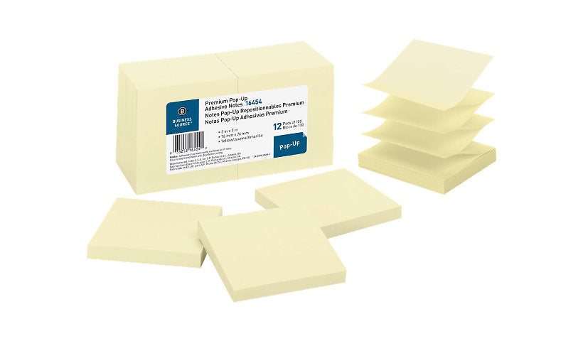 Business Source Pop-Up Sticky Notes, 3 x 3in, Yellow, 12 Pads x 100, BSN16454