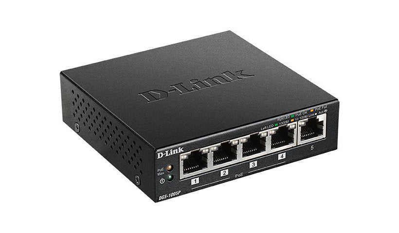 D-Link DGS-1005P 5-Port Gigabit Desktop Switch, 4 PoE+ Ports, 60W