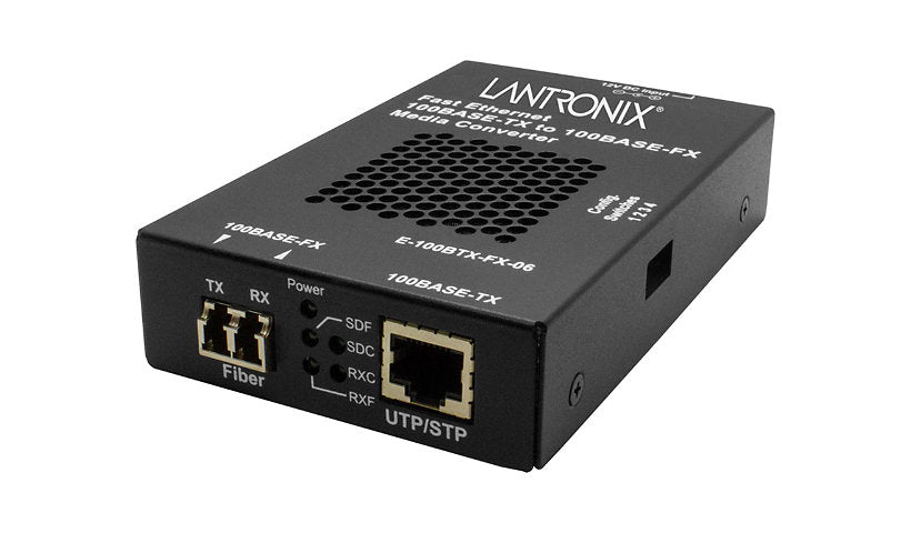 Lantronix E-100BTX Series Fast Ethernet Media Converter, RJ-45 to LC Multimode 1300nm, 2km, TAA Compliant, Black, E-100BTX-FX-06(LC)-NA