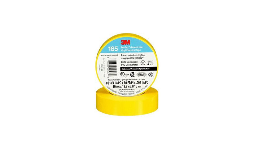 3M Temflex 165 Vinyl Electrical Tape, 3/4in x 59ft, Yellow, 165YL4A