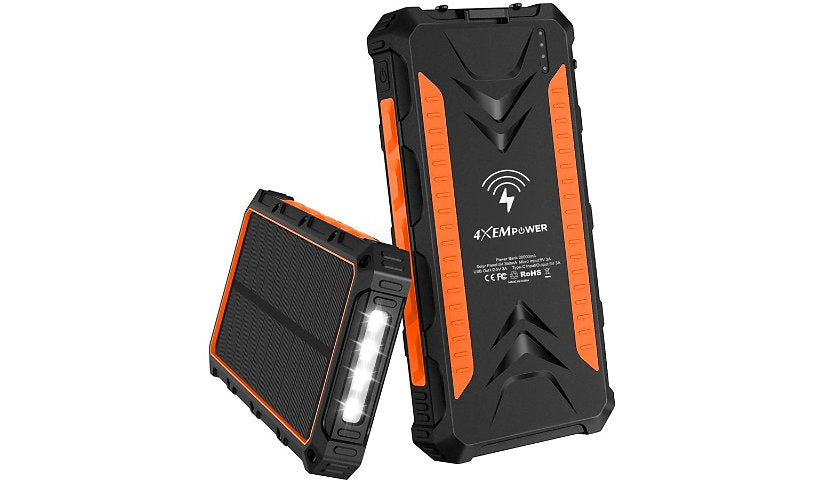 4XEM 20000mAh Solar Wireless Power Bank, USB-C + 2 USB-A, Orange, 4XSOLARPWROR