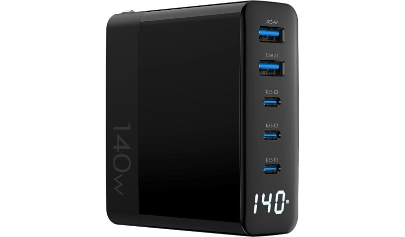 4XEM 140W GaN Charger 3 USB-C 2 USB-A with Display 4XGAN016140WB 1 Year