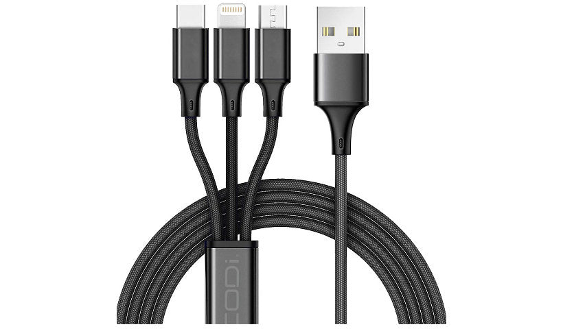 CODi 3-in-1 Multi-Charging Cable, Braided Nylon, Tangle-Free, 4 ft