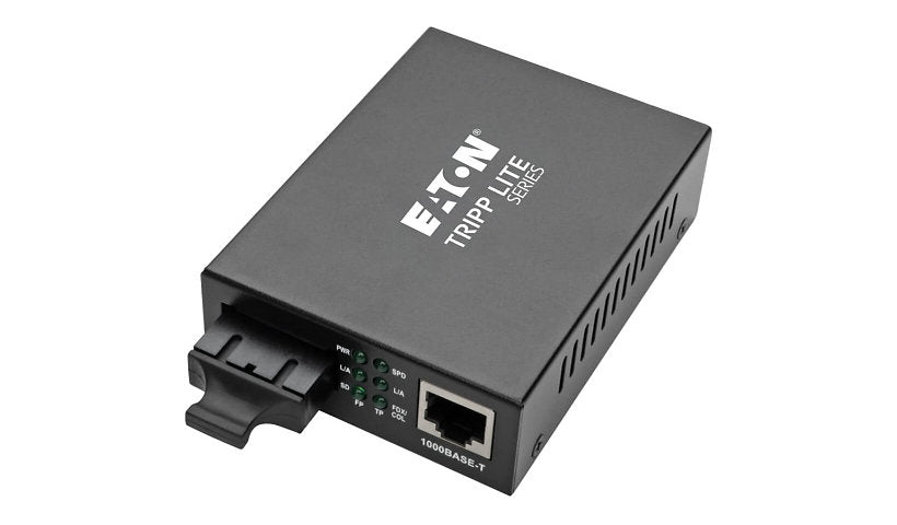 Eaton Tripp Lite Gigabit 10/100/1000 RJ45 to SC Multimode Fiber Media Converter, 850nm, 550m, International Power Supply, Black, N785-INT-SC-MM