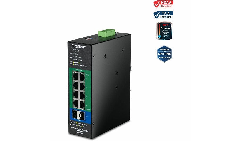 TRENDnet TI-PG103i 10-Port Industrial PoE+ DIN-Rail Switch, 24-57V, 2x SFP
