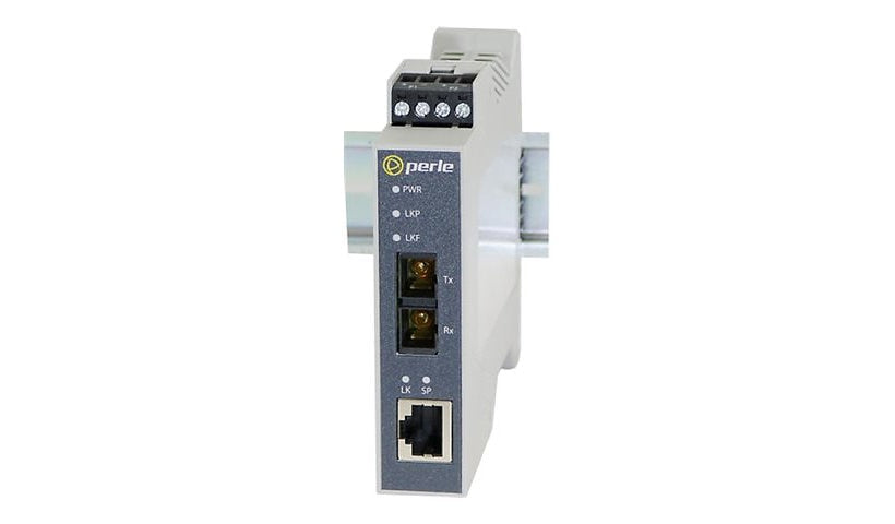 Perle SR-1110-SC10-XT Industrial Gigabit Media Converter, RJ-45 to SC Single Mode 1310nm, 10km, DIN Rail, -40 to 75°C, TAA Compliant, Gray, 05091920