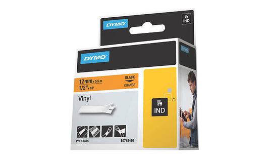 DYMO Rhino Vinyl Label Tape, 12mm x 5.5m, Black on Orange, 18435