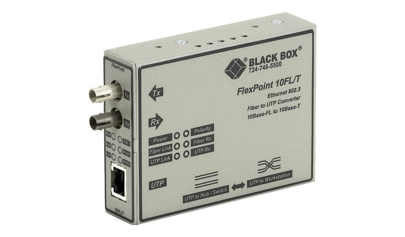 Black Box FlexPoint Modular 10BASE-T to 10BASE-FL Media Converter, RJ-45 to ST Multimode 850nm, LMC212A-MM-R3