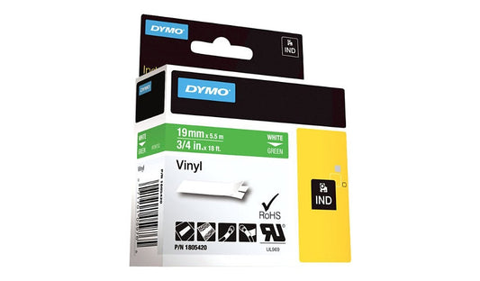 DYMO Rhino Colored Vinyl Label Tape, 19mm, White on Green, 1805420