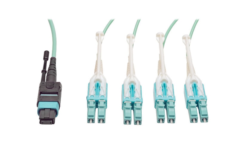 Tripp Lite (Eaton) N844-02M-8LC-PT 2m (6.6ft) 40G MTP/MPO to 4x Duplex LC OM3 Fan-Out Fiber Cable, 40GBASE-SR4, Plenum, Push/Pull Tabs, Aqua