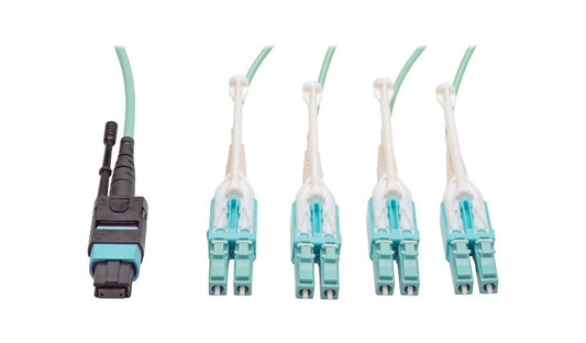 Tripp Lite (Eaton) N844-02M-8LC-PT 2m (6.6ft) 40G MTP/MPO to 4x Duplex LC OM3 Fan-Out Fiber Cable, 40GBASE-SR4, Plenum, Push/Pull Tabs, Aqua