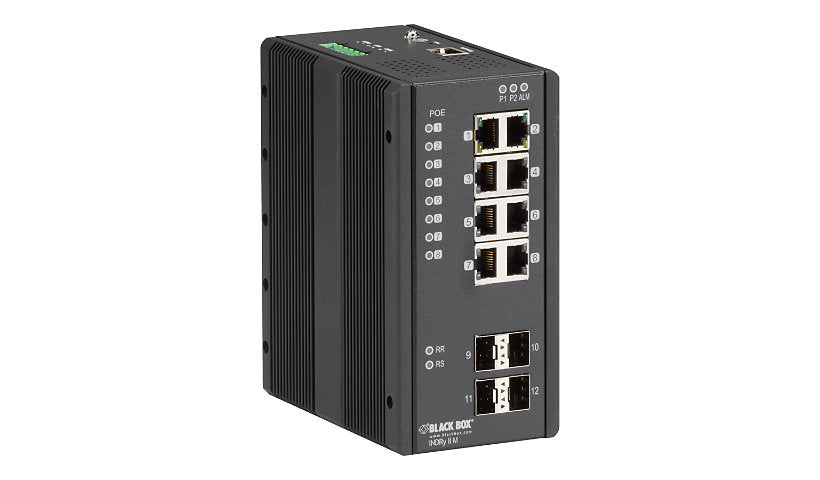 Black Box LIE1014A Industrial 12-Port PoE+ Managed Switch, 4x SFP