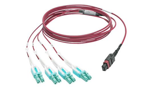 Tripp Lite (Eaton) N845-01M-8L-MG 1m (3.3ft) 40G MTP/MPO to 4x Duplex LC OM4 Fan-Out Fiber Cable, 40GBASE-SR4, Plenum, Push/Pull Tabs, Magenta