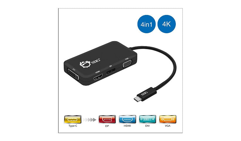 SIIG USB-C to DisplayPort/HDMI/DVI/VGA 4-in-1 Video Adapter, 4K, Black