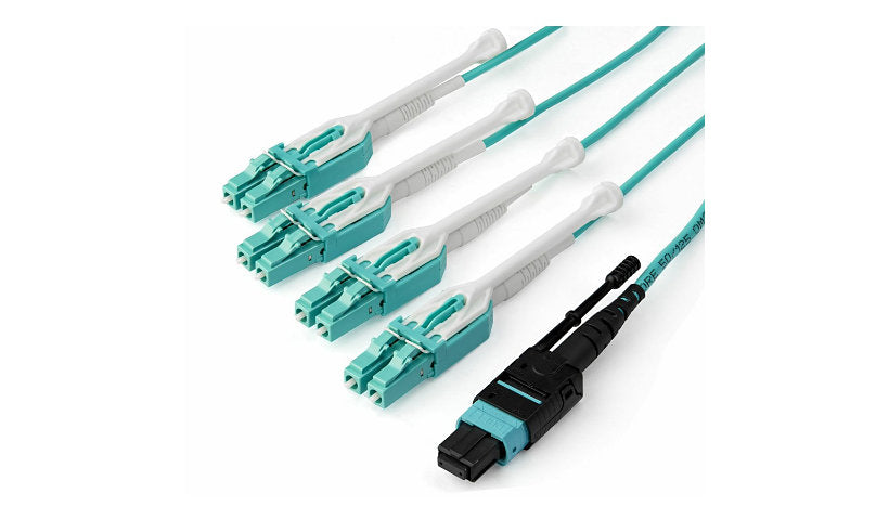 StarTech.com MPO8LCPL1M 1m (3.3ft) MTP/MPO Female to 4x Duplex LC/PC OM3 Multimode Breakout Fiber Cable, 40G, OFNP Plenum, Aqua