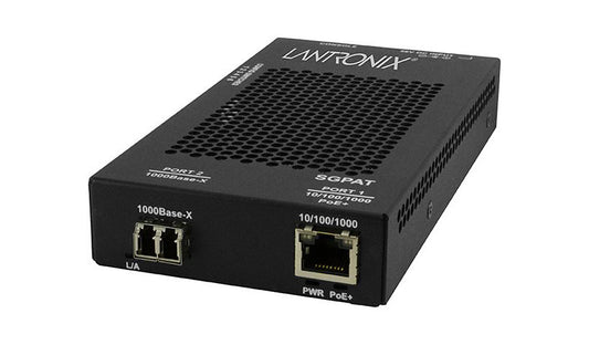 Lantronix SGPAT Series Gigabit PoE+ Media Converter, RJ-45 to LC Multimode 850nm, 30W, TAA Compliant, Black, SGPAT1039-105-NA