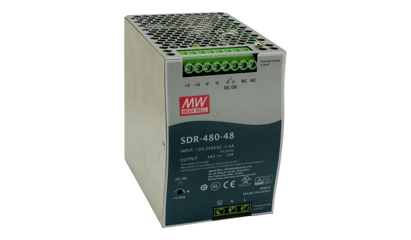 Hardened 480W 48V DC DIN Rail Power Supply 25160, 94% Efficient, TAA