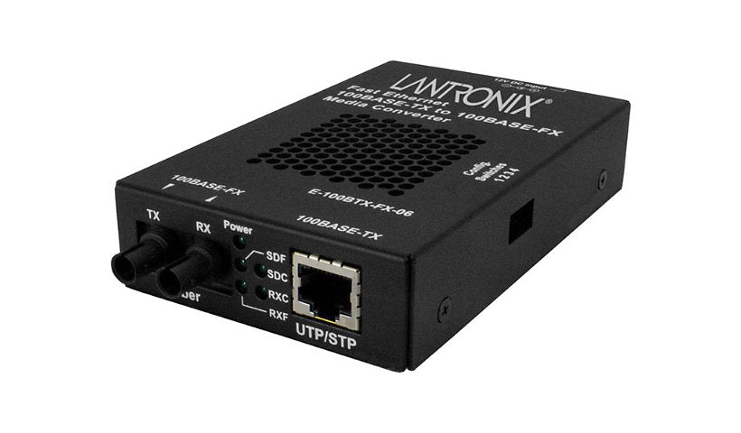 Lantronix E-100BTX Series Fast Ethernet Media Converter, RJ-45 to ST Multimode 1300nm, 2km, TAA Compliant, Black, E-100BTX-FX-06-NA