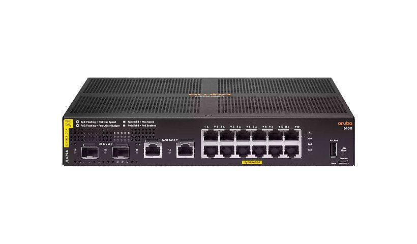 HPE Aruba CX 6100 JL679A 12G Class 4 PoE 2G/2SFP+ 139W Switch, Fanless