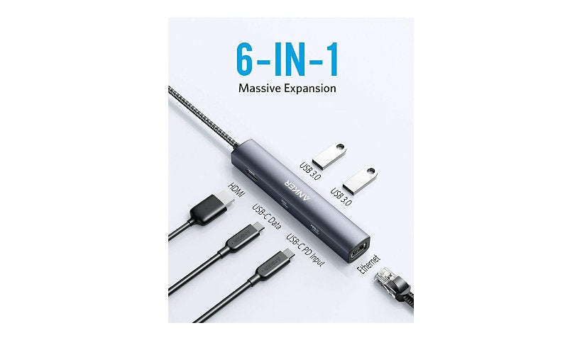 Anker PowerExpand 6-in-1 Hub, USB-C to 4K HDMI, Gigabit Ethernet, 65W PD
