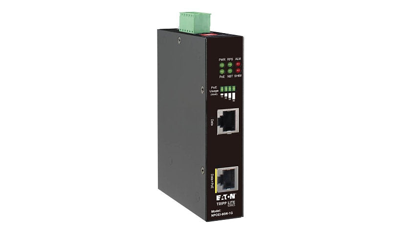Eaton Tripp Lite Industrial Gigabit PoE++ Midspan Injector, 90W, IEEE 802.3bt, -40 to 75°C, IP30, DIN Rail, Black, NPOEI-90W-1G