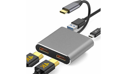 4XEM USB-C Dual HDMI Hub, 4K, USB-A 3.0, 100W PD Pass-Through, Gray