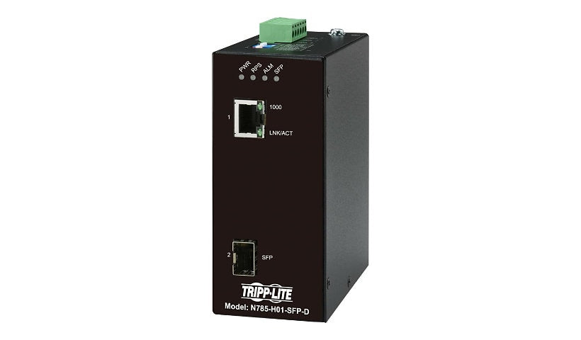 Eaton Tripp Lite Hardened Gigabit Copper to Fiber Media Converter, RJ45 to SFP, -10 to 60°C, Dual DC Input, TAA Compliant, Black, N785-H01-SFP-D