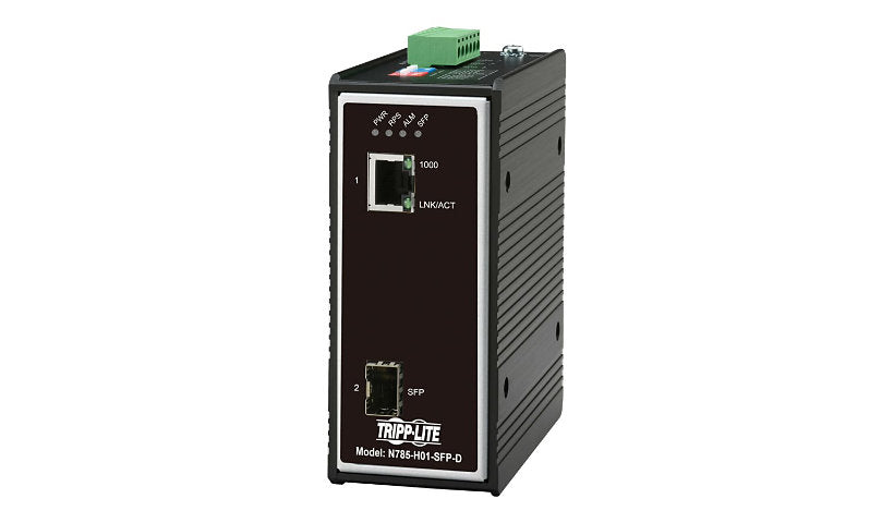 Eaton Tripp Lite Industrial Gigabit Copper to Fiber Media Converter, RJ45 to SFP, -40 to 75°C, IP30, Dual DC Input, TAA Compliant, Black, N785-I01-SFP-D