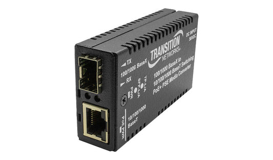 Lantronix M/GE-PSW Series Gigabit PoE+ Media Converter, RJ-45 to SFP Slot, 30W PSE, TAA Compliant, Black, M/GE-PSW-PSE-01-NA