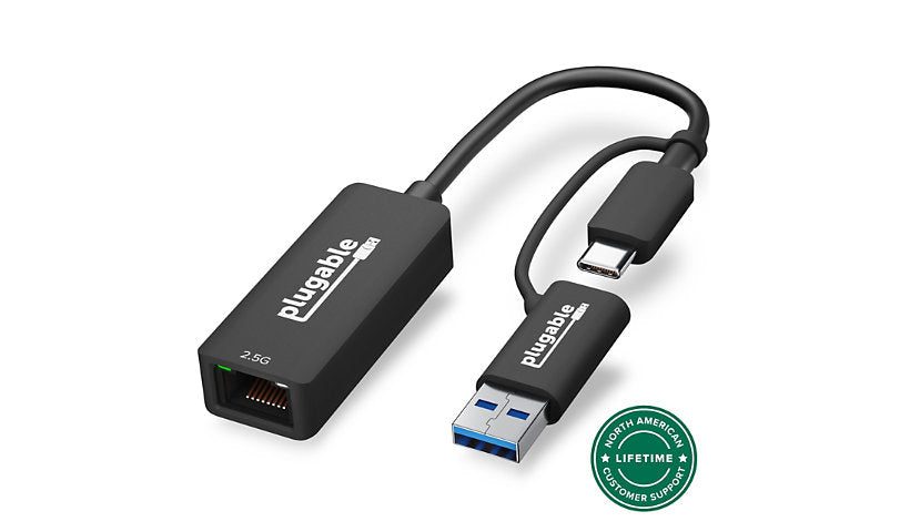 Plugable 2.5G Ethernet Adapter, USB-C with USB-A Adapter, RTL8156, Driverless