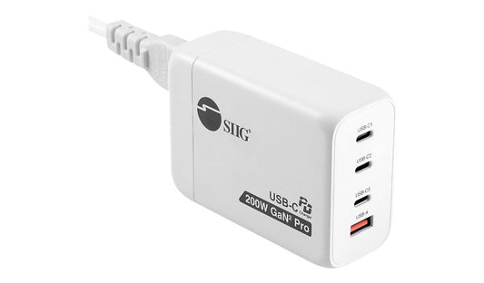 SIIG 200W GaN PD Charger 3 USB-C 1 USB-A AC-PW1V11-S1 2 Year