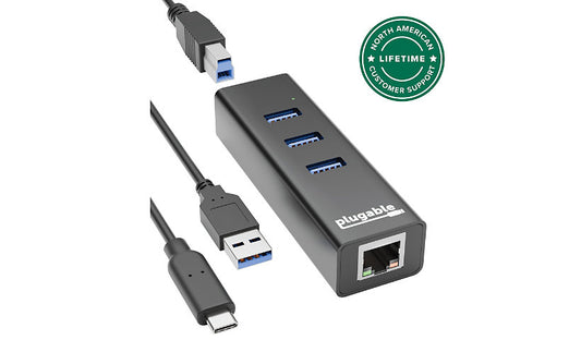 Plugable USB 3.0 Hub, 3 Ports + Gigabit Ethernet, USB-C/USB-A Cables, Aluminum