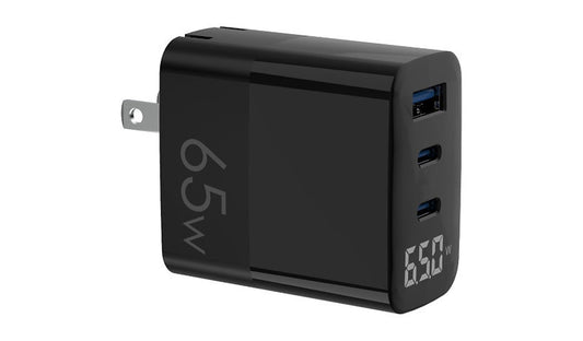4XEM 65W GaN Charger 2 USB-C 1 USB-A Display Black 4XGAN00265WB 1 Year