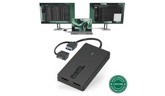 Plugable USB 3.0 / USB-C to Dual HDMI Adapter, 1080p 60Hz, Windows & Mac