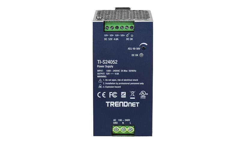 TRENDnet TI-S24052 240W 52V DC Industrial DIN Rail Power Supply, Active PFC