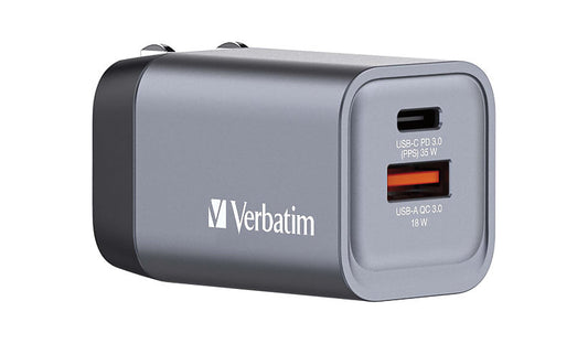 Verbatim 35W GaN Wall Charger, USB-C PD + USB-A QC 3.0, EU/UK Plugs