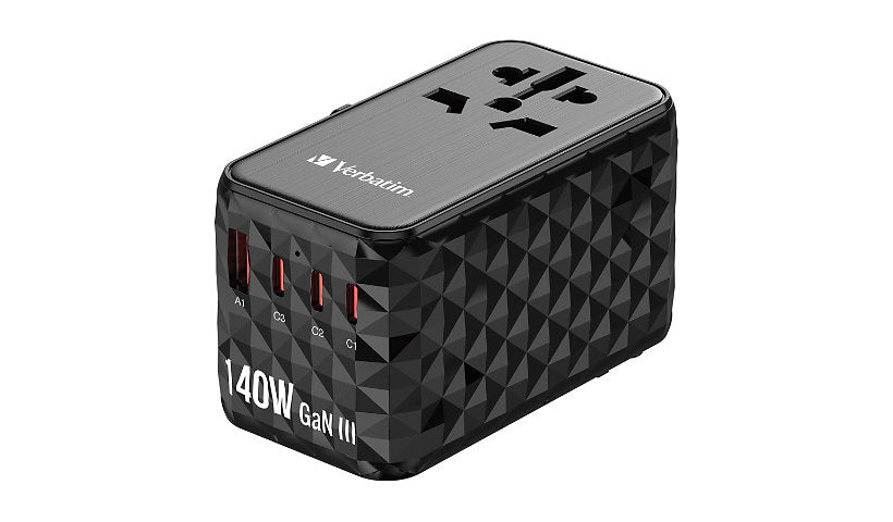 Verbatim UTA-10 140W GaN III Universal Travel Adapter 3 USB-C 1 USB-A 2 Year