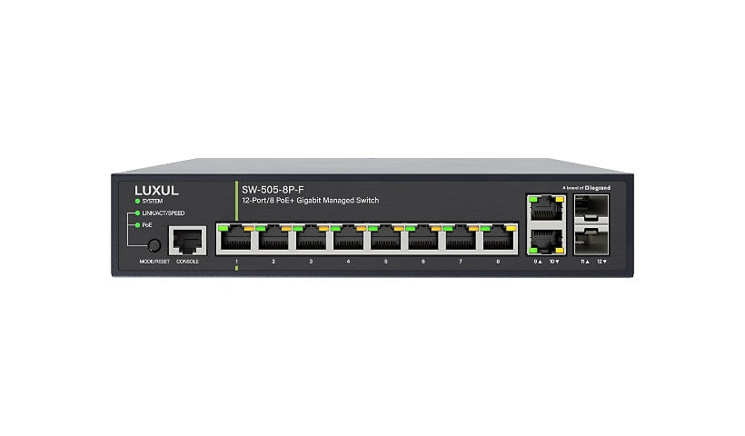 Luxul SW-505-8P-F 12-Port Managed Gigabit Switch, 8 PoE+, 2 SFP, Front Ports
