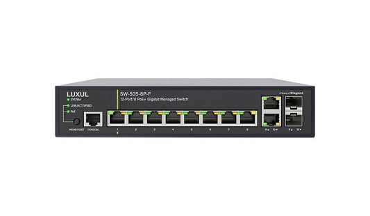 Luxul SW-505-8P-F 12-Port Managed Gigabit Switch, 8 PoE+, 2 SFP, Front Ports