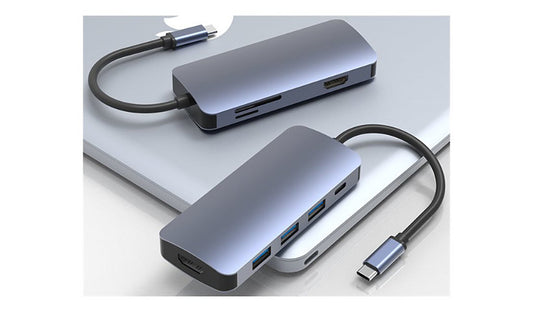 B3E 7-in-1 USB-C Hub, Dual HDMI 4K 30Hz, 3x USB 3.0, SD/microSD, 100W PD