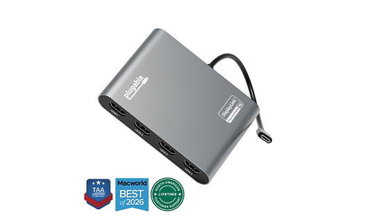 Plugable USB-C Quad HDMI 4K 60Hz Adapter, 100W PD Pass-Through, DisplayLink