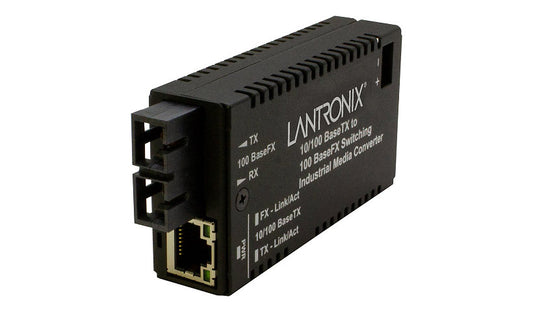 Lantronix M/E-ISW-02 Series Mini Industrial Fast Ethernet Media Converter, RJ-45 to SC Single Mode 1310nm, 20km, DIN Rail, Black, M/E-ISW-FX-02(SM)