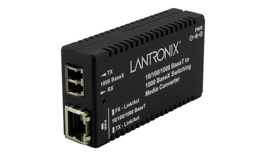 Lantronix M/GE-PSW Series Gigabit Media Converter, RJ-45 to LC Multimode 850nm, TAA Compliant, Black, M/GE-PSW-SX-01(LC)-NA