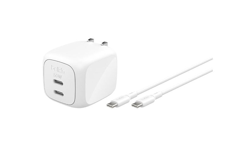 Belkin 50W Dual USB-C GaN Charger with 3.3 ft Cable WCH019DQ1MWH-B6 2 Year