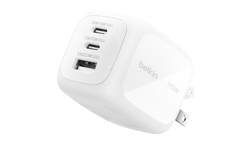 Belkin 70W GaN 3 Port Charger EU UK Plugs Travel Kit WCH018FQWH 2 Year