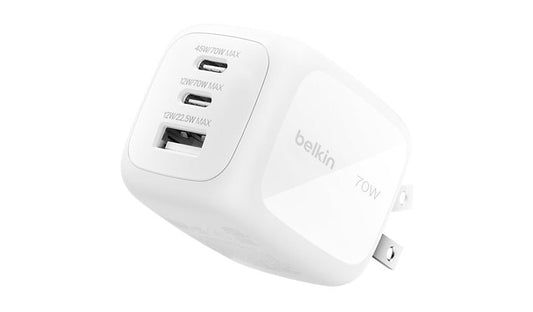 Belkin 70W GaN 3 Port Charger EU UK Plugs Travel Kit WCH018FQWH 2 Year
